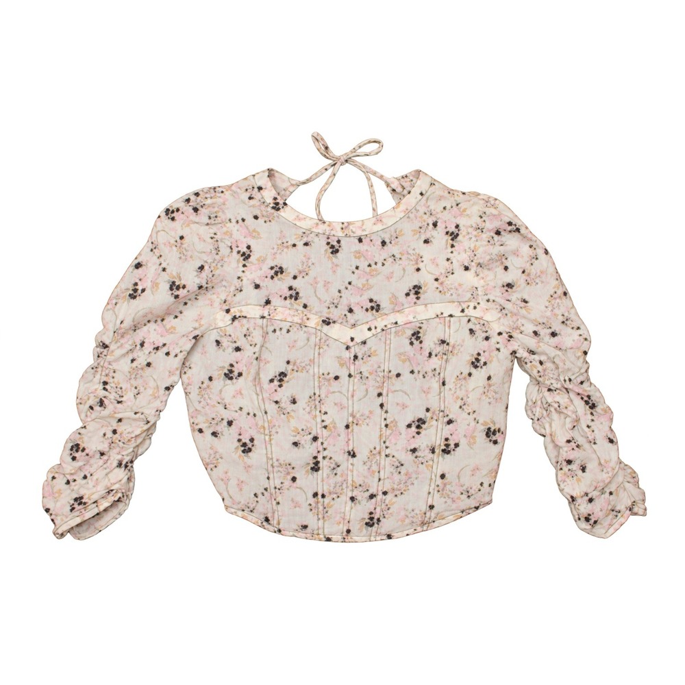 Free People Monica Corset-Style Puff Sleeve Top XS Cream Pink